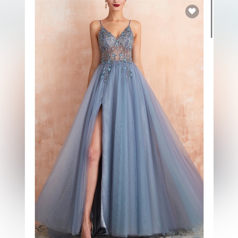 Blue beaded tulle prom princess formal dress